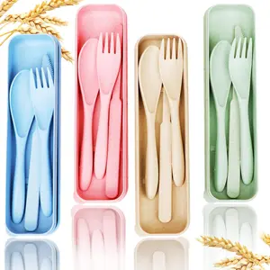 Reusable travel utensils set with case, 4 sets wheat straw portable knife fork spoons tableware, eco-friendly BPA free cutlery for kids adults picnic camping utensils (green, beige, pink, blue)
