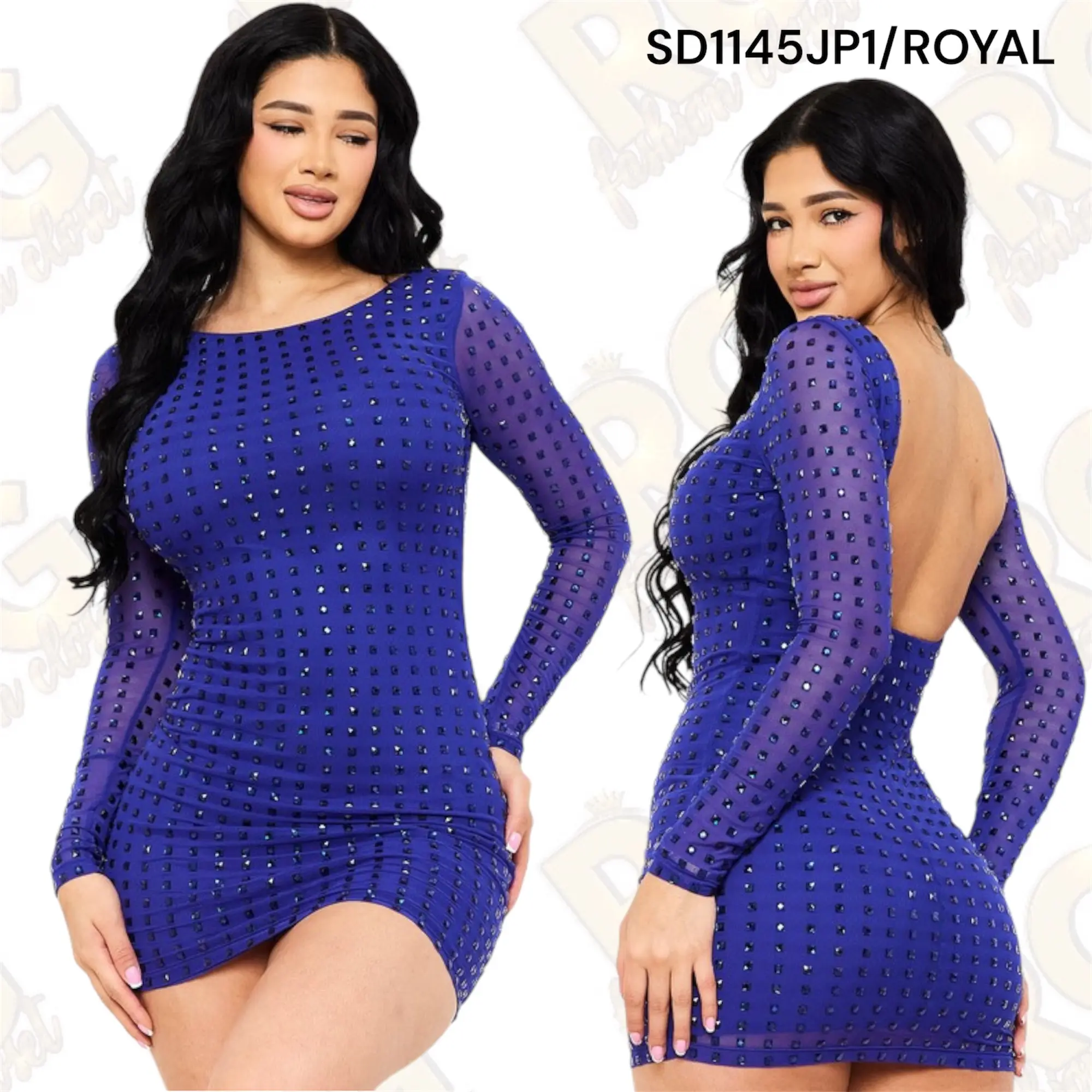 Square Rhinestone Long Sleeve Mini Dress