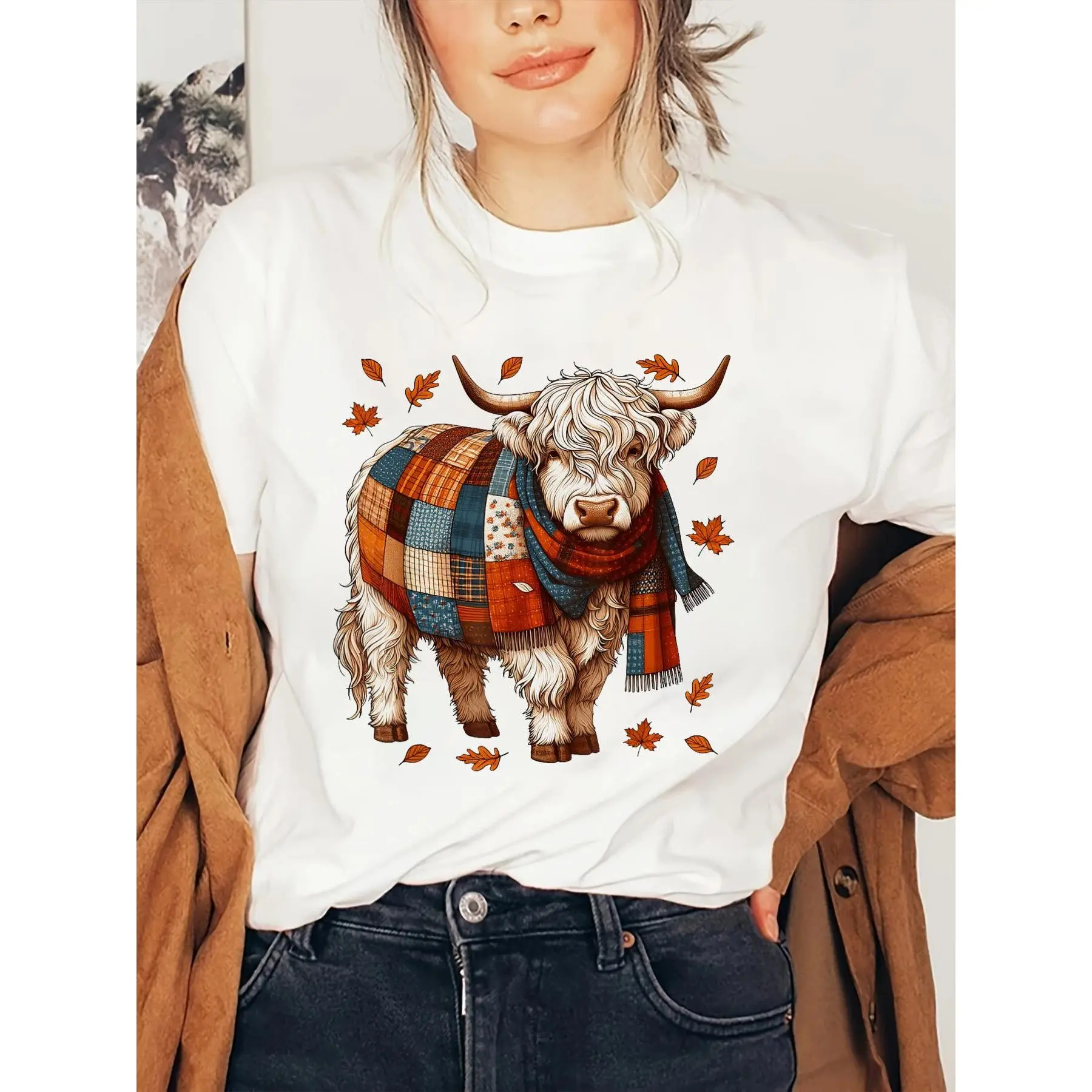 100% Cotton fall women clothesCute Highland Cow Autumn Fall Plaid Patchwork Blanket Scarf T-Shirt