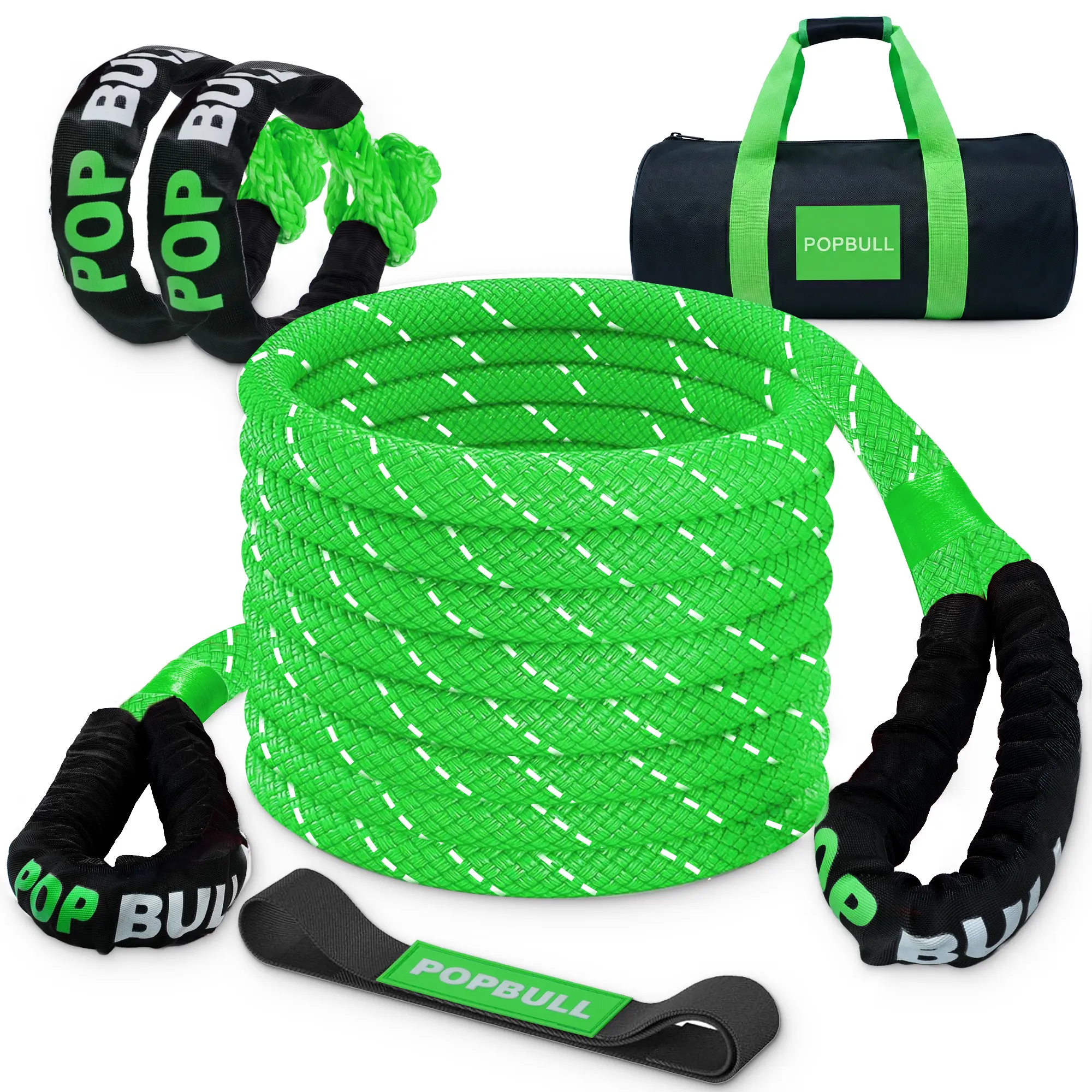 Kinetic Recovery Rope Kit - 1in x 30ft Green Durable Nylon Rope, 48000lbs Heavy Duty Straps, with 2pcs Soft Shackles for Offroad Vehicles, Jeeps, Heavy Duty Straps Ropes