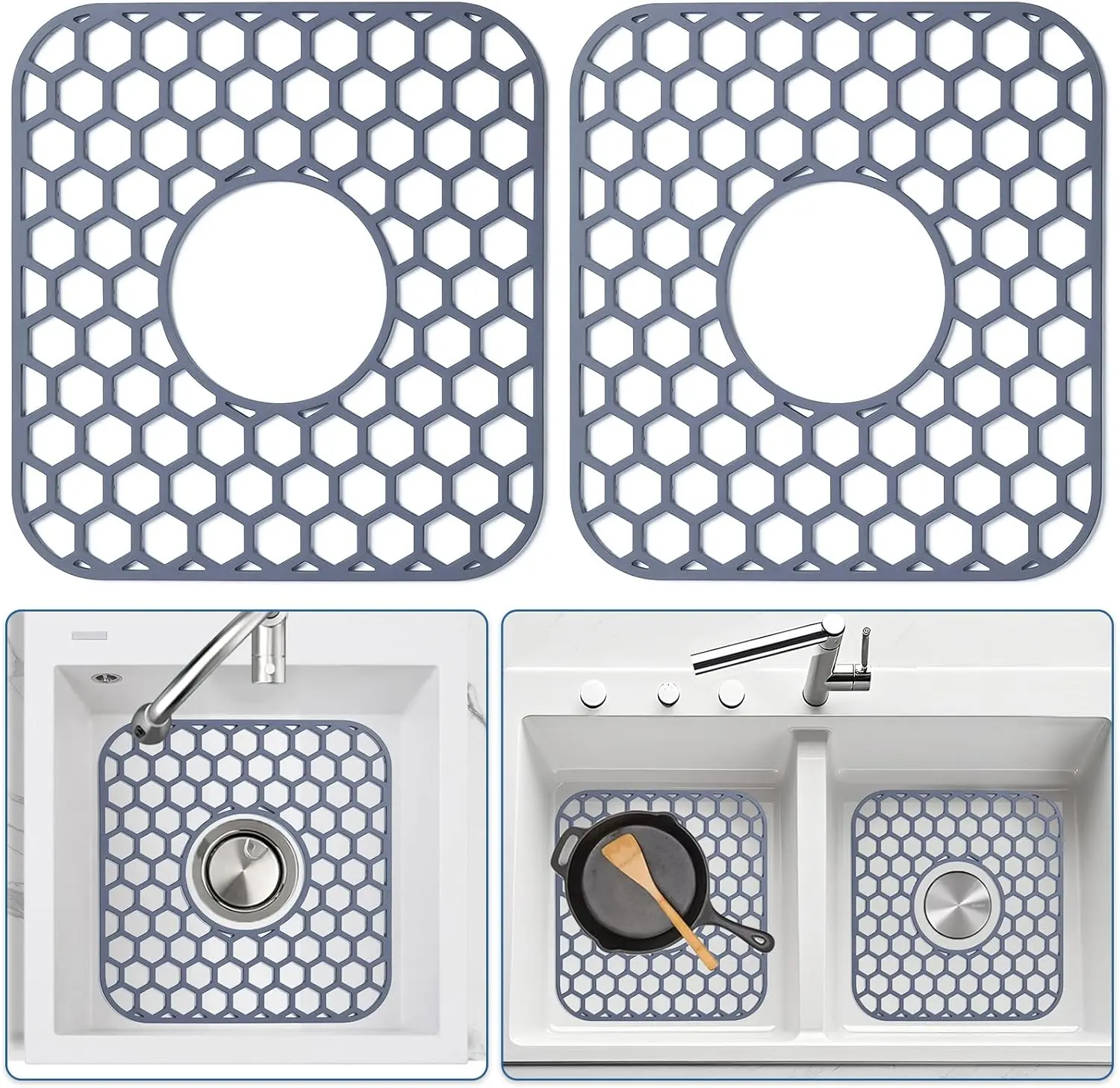【NewYear2026】2 Pack Silicone Sink Protectors for Kitchen Sink - 12" x 11" Kitchen Sink with Center Drain Accessory, Non-Slip Heat-Resistant Mat for Bottom of Porcelain Stainless Steel, Dishwasher Safe
