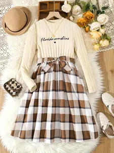 Elegant 2pcs Girls Splicing Long Sleeve Plaid Dress + Plaid Bow Belt Kids Clothes Party