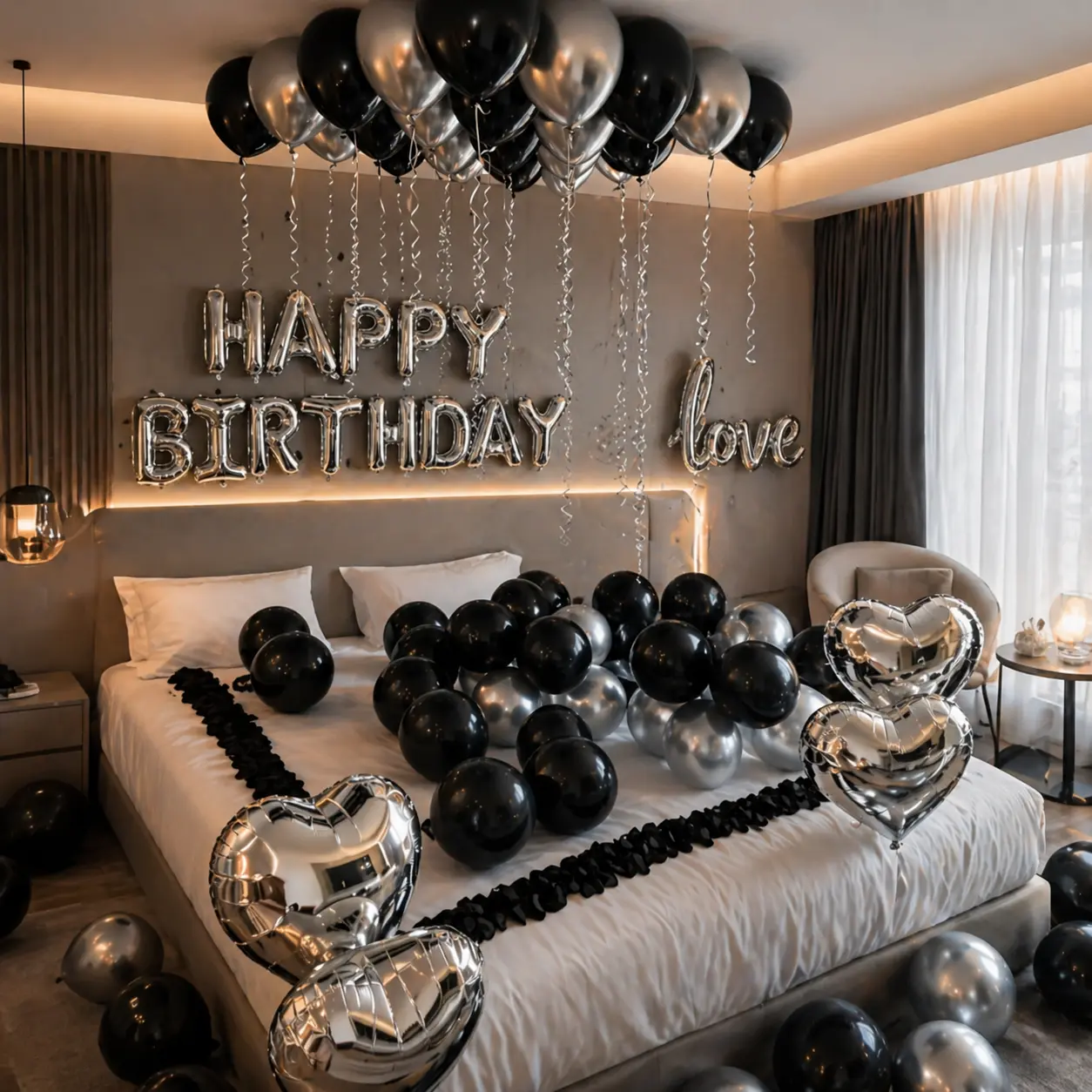 580PCS Black & Silver Balloon Garland Arch Kit with Black Rose Petals, Wall-Mounted Birthday Party Backdrop Decorations for Men