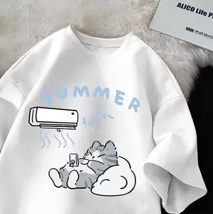 Summer Japanese cartoon cute cat printed short sleeve T-shirt for women, loose, casual, half sleeve