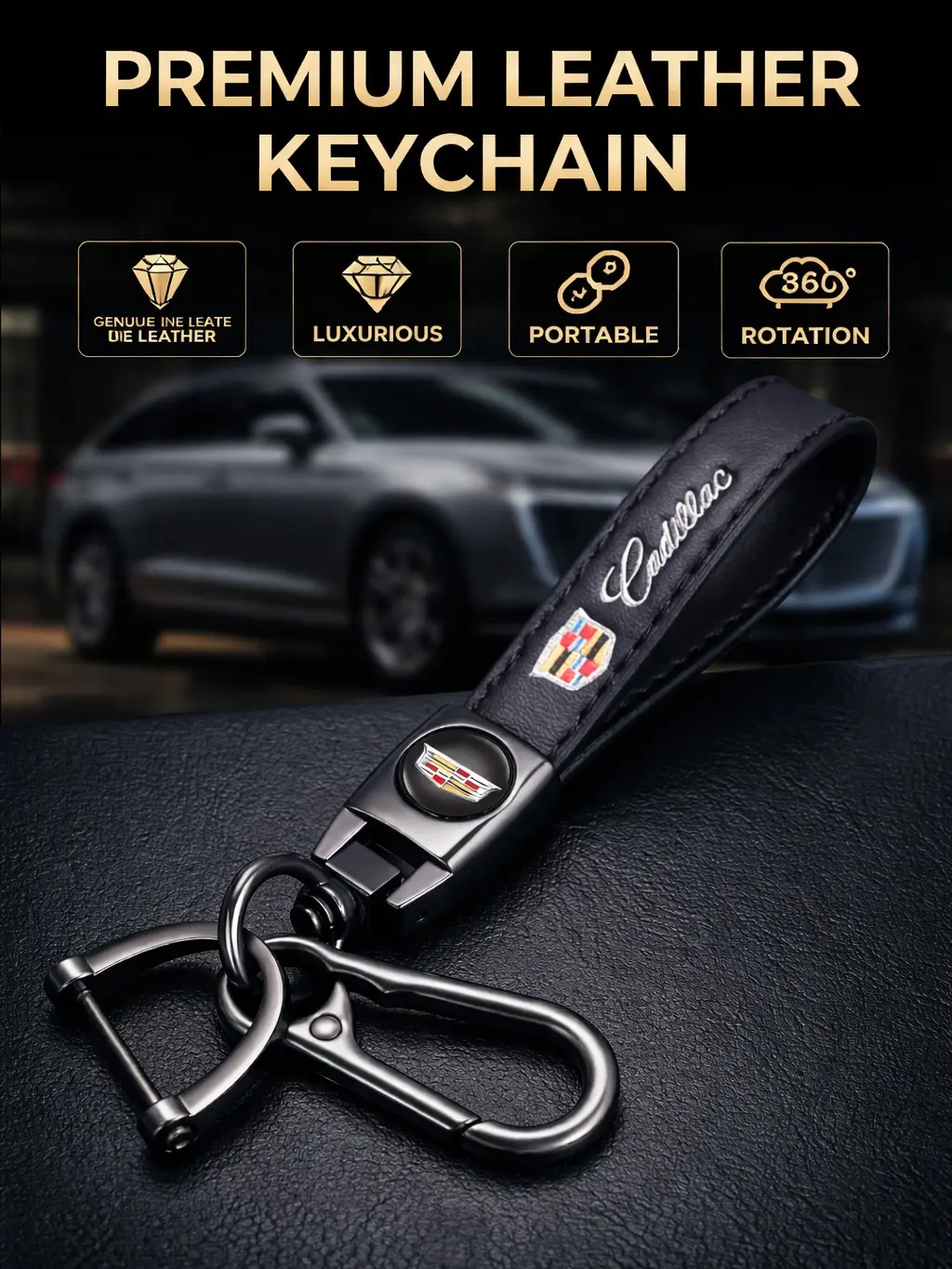 Genuine Leather Cadillac metal Keychain Fashionable Alloy Premium Car Interior Decoration Accessory Gift for CT4 CT5 CT6 ATS CTS SRX XT5 anti-loss key ring