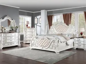 CM7478WH-4PC Astoria Grand Esperanza Pearl White Finish Wood Tufted Faux Leather Upholstered Queen Bedroom Set with Ornate Mirror and Drawers