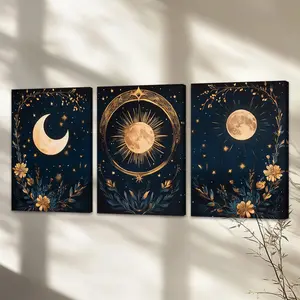 Landscape & Moon & Sun Pattern Canvas Painting with Frame, 3 Counts/set Retro Plant Art Decoration, Wall Art for Home Living Room Bedroom Office, Ornaments