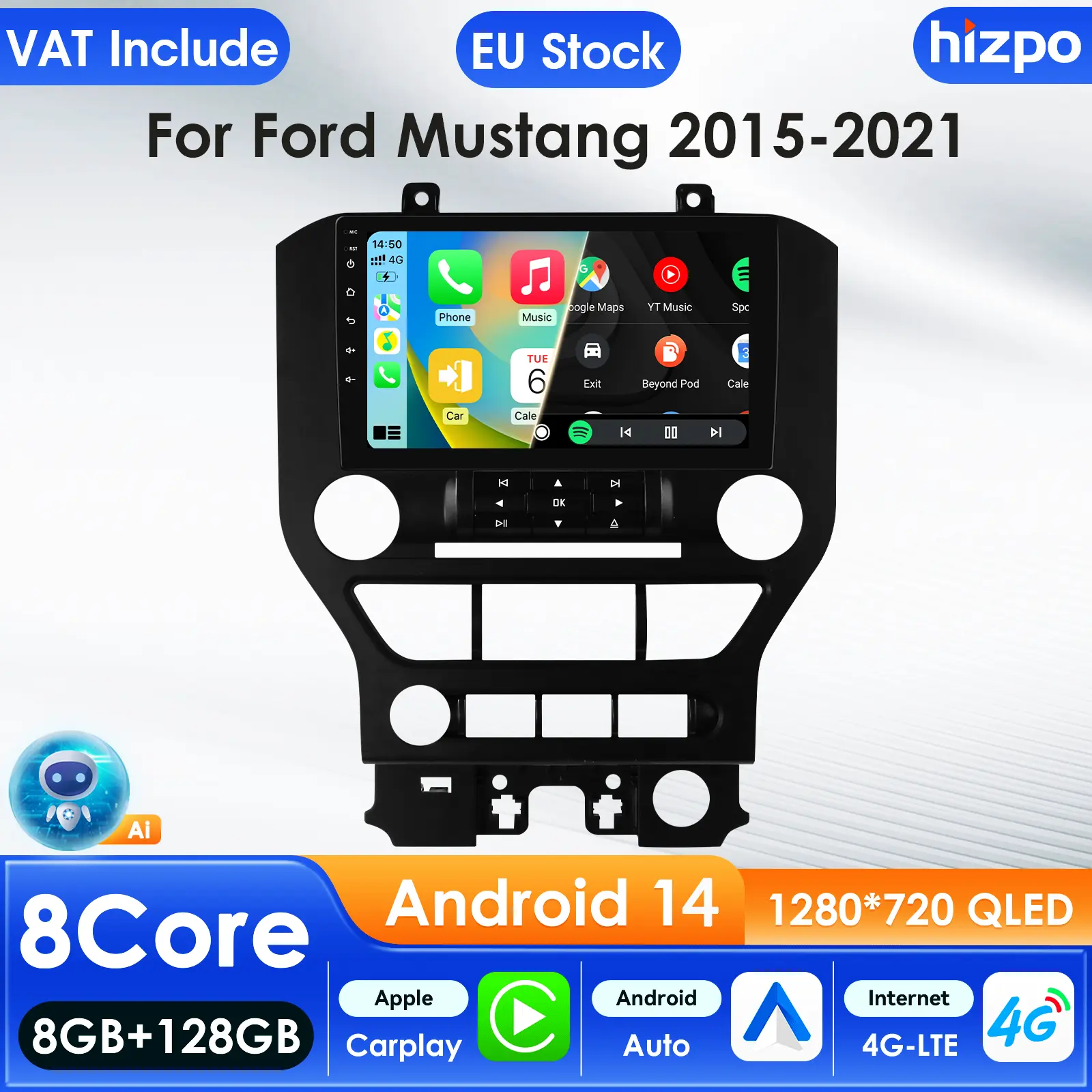 [Hizpo] P2-CP 4Core 2G 32G Carplay Car Stereo, Touchscreen Intelligent Autoradio with Bluetooth, WIFI, Multimedia Video Player for Ford Mustang 2 (2015-2021)