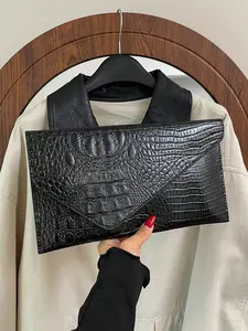 1pc Black Vintage Crocodile Embossed Solid Color PU Envelope Clutch Bag For Women