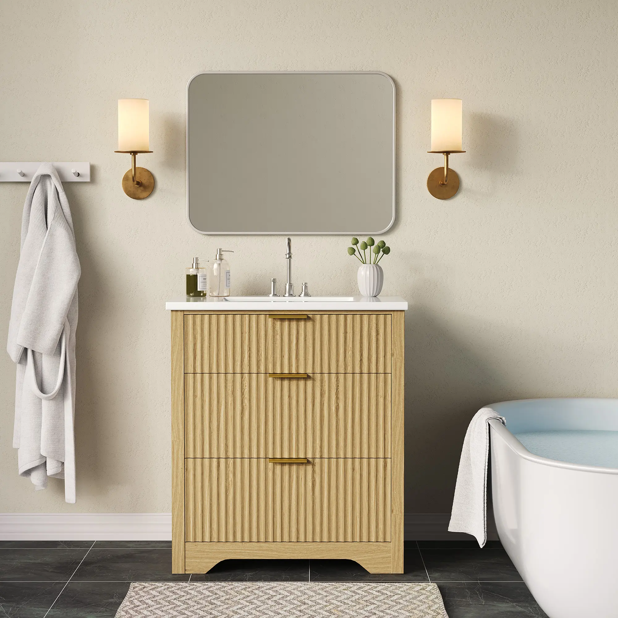 Fluted Bathroom Vanity with Sink, Farmhouse Freestanding Bathroom Cabinet with Ceramic Sink, 2 Drawers & Flip-Down Drawer Storage, Modern Bath Vanity, Easy Assembly