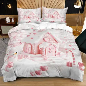 Sweet Christmas Duvet Cover Set, Includes One Quilt Cover and Pillowcase, Gingerbread House Design, Soft Bedding, All Seasons Use