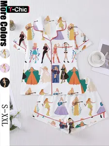 Women's Concert Movie Print Sleepwear Set, Pajama Set, Short Sleeve Button-Down Soft Top and Loose Elastic Shorts, Casual Home Wear for Swift Fans