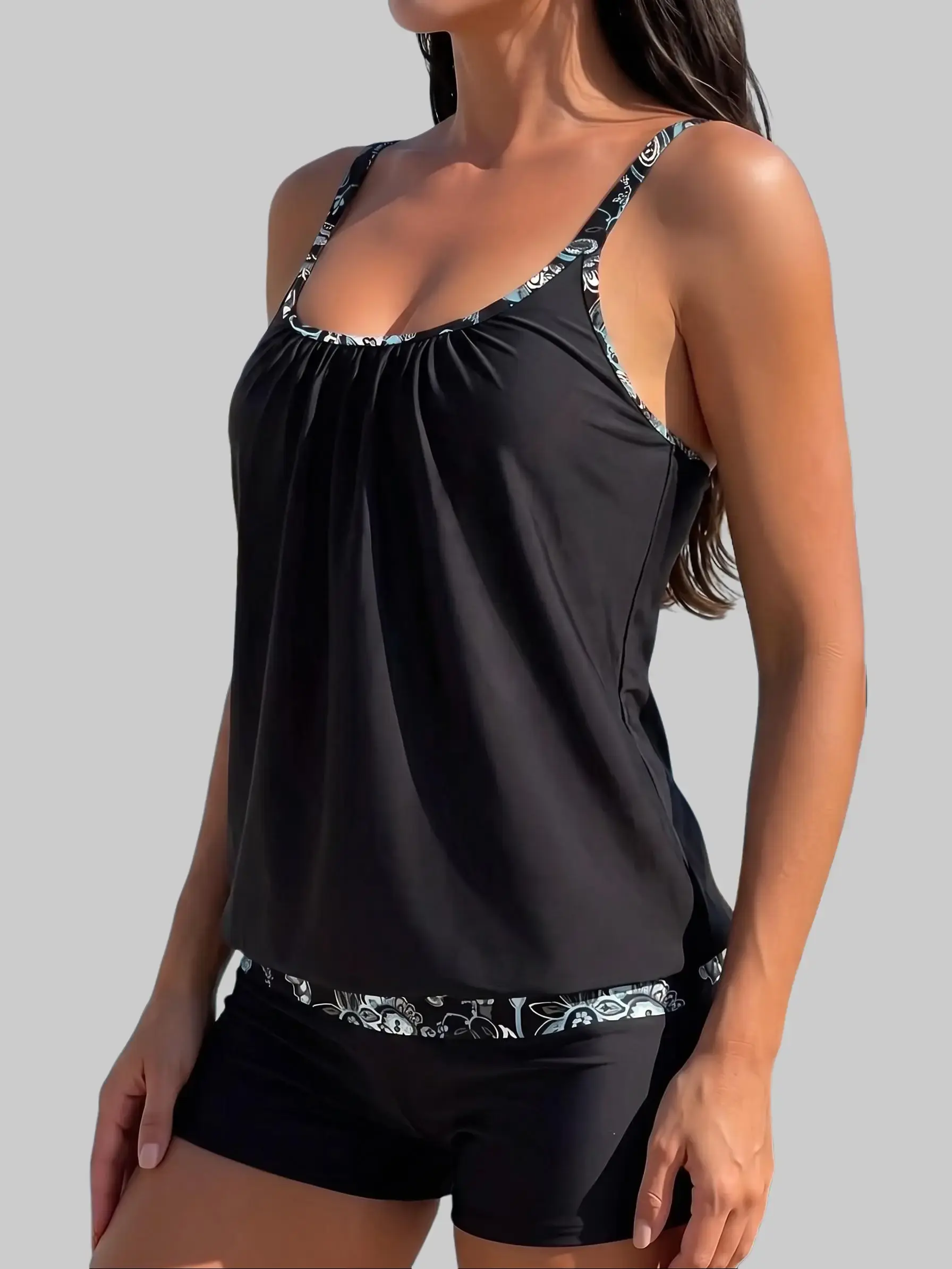 2 Piece Tankini Swimsuit for Women Tummy Control Bathing Suit with Boyshorts Full Coverage Black Boho Floral Trim | Mebakuk