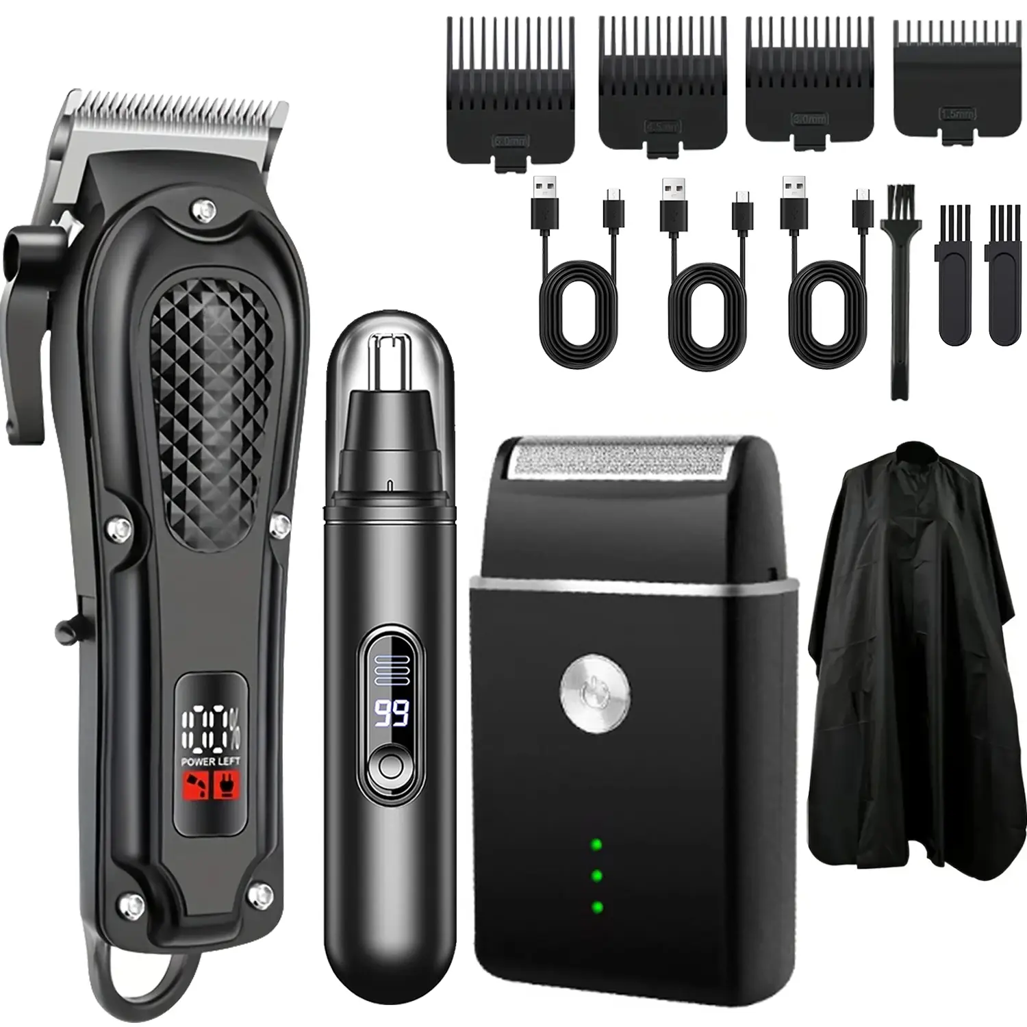 Rechargeable Electric Multifunctional Hair Trimmer Kit, Professional Cordless Hair Clippers and Nose Trimmer &Cordless Beard Trimmer for Men with LED Display, Barber Equipment Set