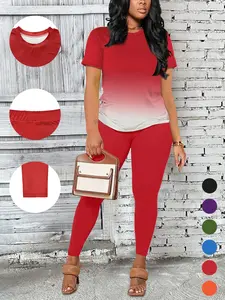 Women's Gradient Ombre Short Sleeve Long Pants Set, Lady, Clothes, Fitted, Womenswear, Casual Home Wear, Comfortable and Stylish, Perfect for Daily Use, Ideal for Relaxing at Home