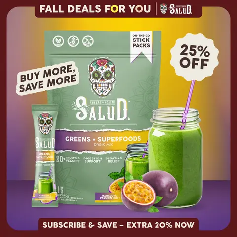 Salud 2-in-1 [Greens + Superfoods - Passion Fruit] Daily Greens Drink Mix, Agua Fresca, Gut Health & Bloating Support, Probiotics & Prebiotics, Vegan, Non-GMO, Easy-to-Drink Greens Powder (15 Servings)