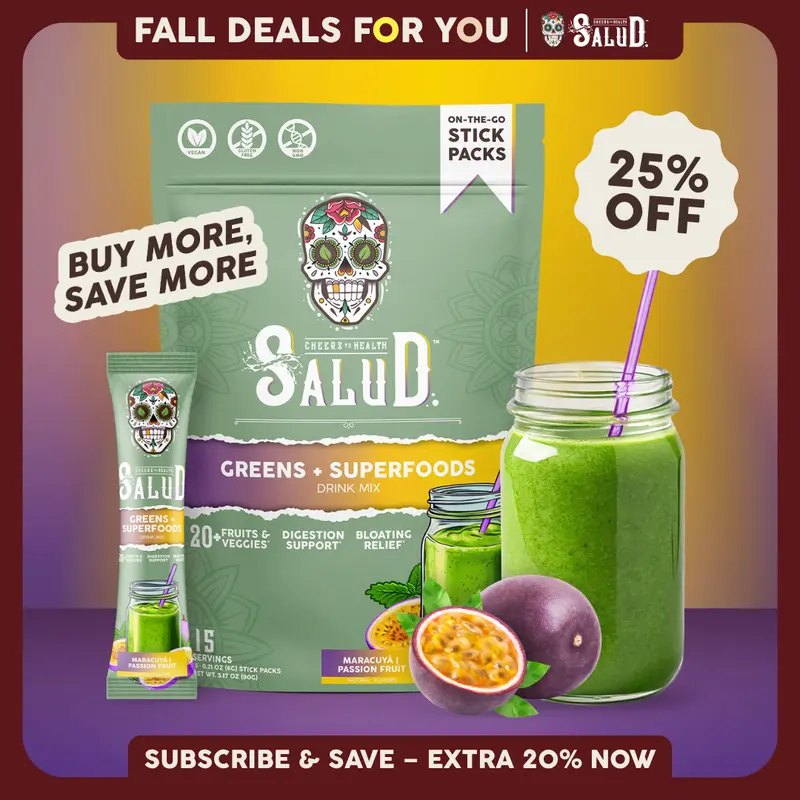Salud 2-in-1 [Greens + Superfoods - Passion Fruit] Daily Greens Drink Mix, Agua Fresca, Gut Health & Bloating Support, Probiotics & Prebiotics, Vegan, Non-GMO, Easy-to-Drink Greens Powder (15 Servings)