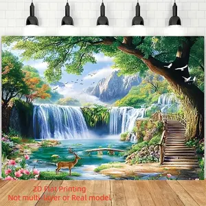 2D Flat Banner Reusable Colorful Waterfall Spring Design Banner, Polyester Fabric Scene Background for Parties, No Electricity Needed