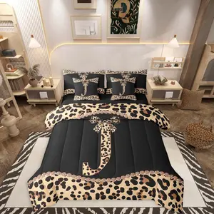 Feelyou Letter Initial J Queen Size Comforter Set, 7-Piece African Cheetah Leopard Print Bedding with Bow, Modern Coquette Alphabet Quilt for Girls, Comforter Queen Size