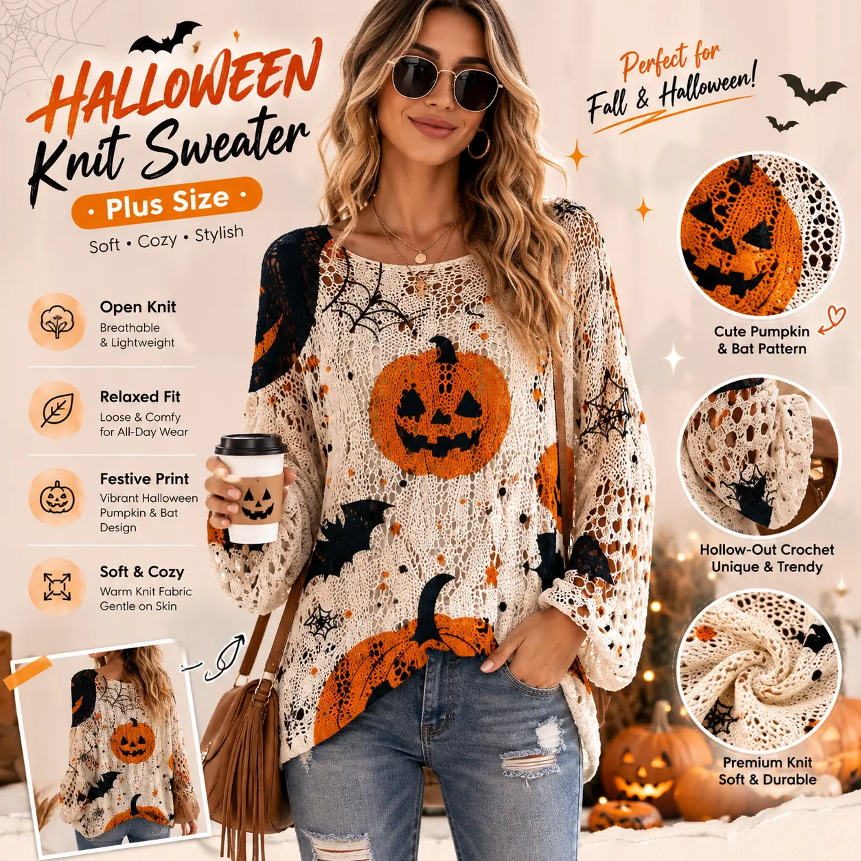 Women's Halloween Sweater, Long Sleeve Pumpkin Bat Print Knit Top, Casual Fall Pullover