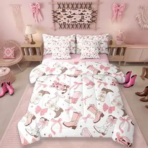 Feelyou 7-Piece Pink Bow Western Cowgirl Microfiber Bedding Set - Soft Breathable Complete Comforter with Cute Bow Knot Design, Bedsheet Sets Included for Kids