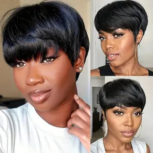 Unice Short Bob Wig with Bang Pixie Cut Human Hair Wig Machine Made Natural Black Color Glueless Human Hair Wig