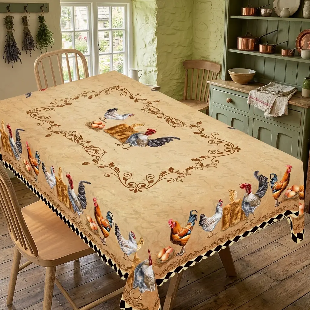 GTHREED Cotton Rectangular Vintage Rooster Tablecloth - Checkered Edge, Scrollwork, Farmhouse Decor, Protects Table, Ideal for Interior Decorating, Dining Room-Kitchen Use