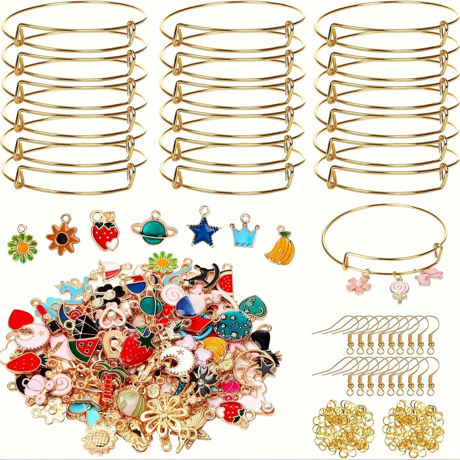 350 golden charm bracelet DIY set, including 20 adjustable bracelets, 30 ear hooks, 100 pendants, and 200 open hanging rings, used for craft jewelry making bracelets, necklaces, earrings