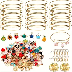 350 golden charm bracelet DIY set, including 20 adjustable bracelets, 30 ear hooks, 100 pendants, and 200 open hanging rings, used for craft jewelry making bracelets, necklaces, earrings