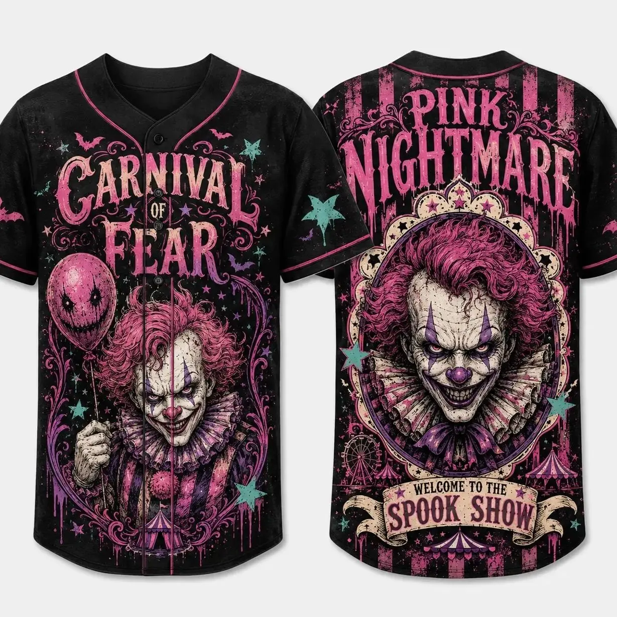 Carnival of Fear Full-Button Baseball Jersey, Pink Nightmare Clown Graphic Shirt, Gothic Circus Halloween Party Outfit for Adults