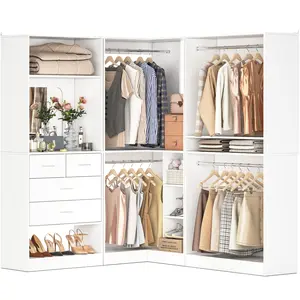 Unikito 86” Closet System, Large Corner Closets Organizer with Hanging Rods and Mirror Design, Freestanding Adjustable Wood Clothes Garment Rack with Drawers, Sturdy Walk in Closet Tower