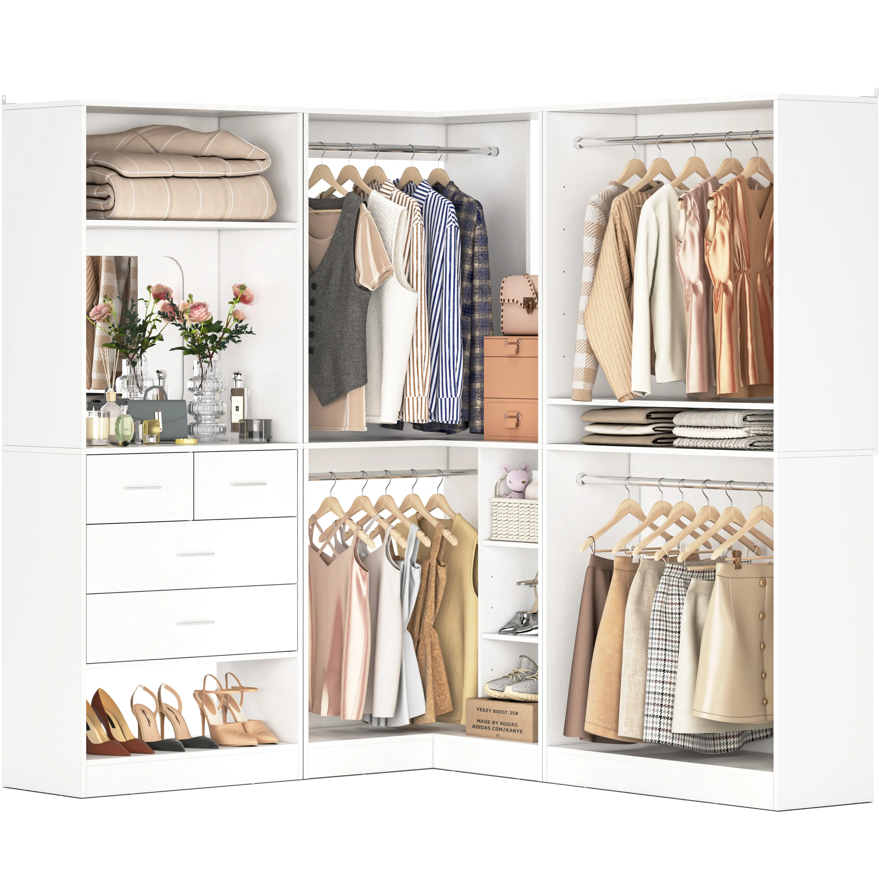 Unikito 86” Closet System, Large Corner Closets Organizer with Hanging Rods and Mirror Design, Freestanding Adjustable Wood Clothes Garment Rack with Drawers, Sturdy Walk in Closet Tower
