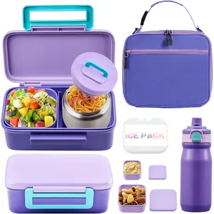 Bento Box for Kids with 8oz Soup Thermo, Bag & 17oz Bottle, 2-Compartment Bento Box with-In Ice Pack, Leak-& BPA-Free (Purple)
