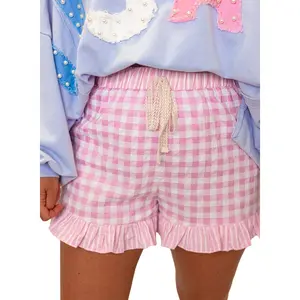 Gingham Print Ruffle Striped Detail Lace Tie Shorts