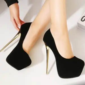 Fancy May Black Suede Platform Pumps with Gold Stiletto Heels for Women's Fashion