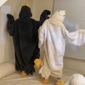 Soft Coral Fleece Big White Goose Onesie Pajamas Thicken Windproof Winter Warm Hooded Pajamas Cartoon Texture Nightgown
