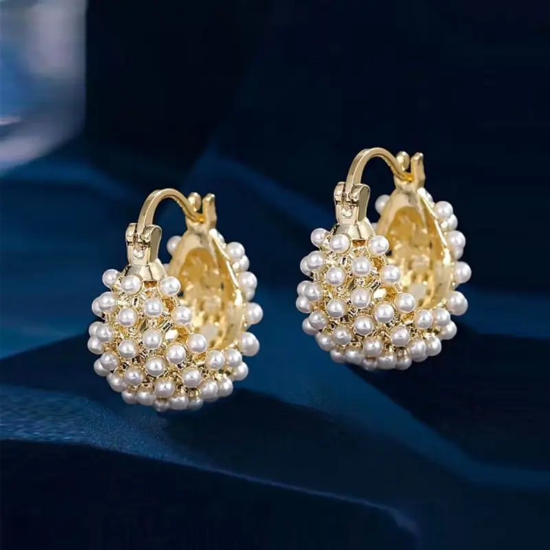 Egant French Vintage Faux Pearl Basket Earrings, Lightweight Chunky Hoops, Vintage Statement Earrings, Ear Accessories, Women's Versatile and Refined Ear Clips, Fashion Earring, Perfect for Any Occasion
