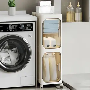 2-Tier Tall Narrow Storage Cabinet with Movable Wheels and Adjustable Shelves,Foldable Slim Plastic Organizer for Bathroom, Kitchen, Laundry, Ideal for Small Spaces