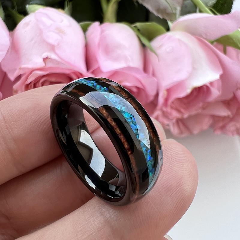 Men's 8mm Natural Wood Green Opal Inlay Tungsten Wedding Band Comfort Fit Scratch Resistant - Yonifu Durable Glow Promise Ring Gift for Him