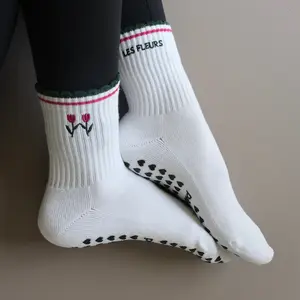 Les Fleurs Grip Socks - Cute Floral grip socks - cute embroidered pilates socks
