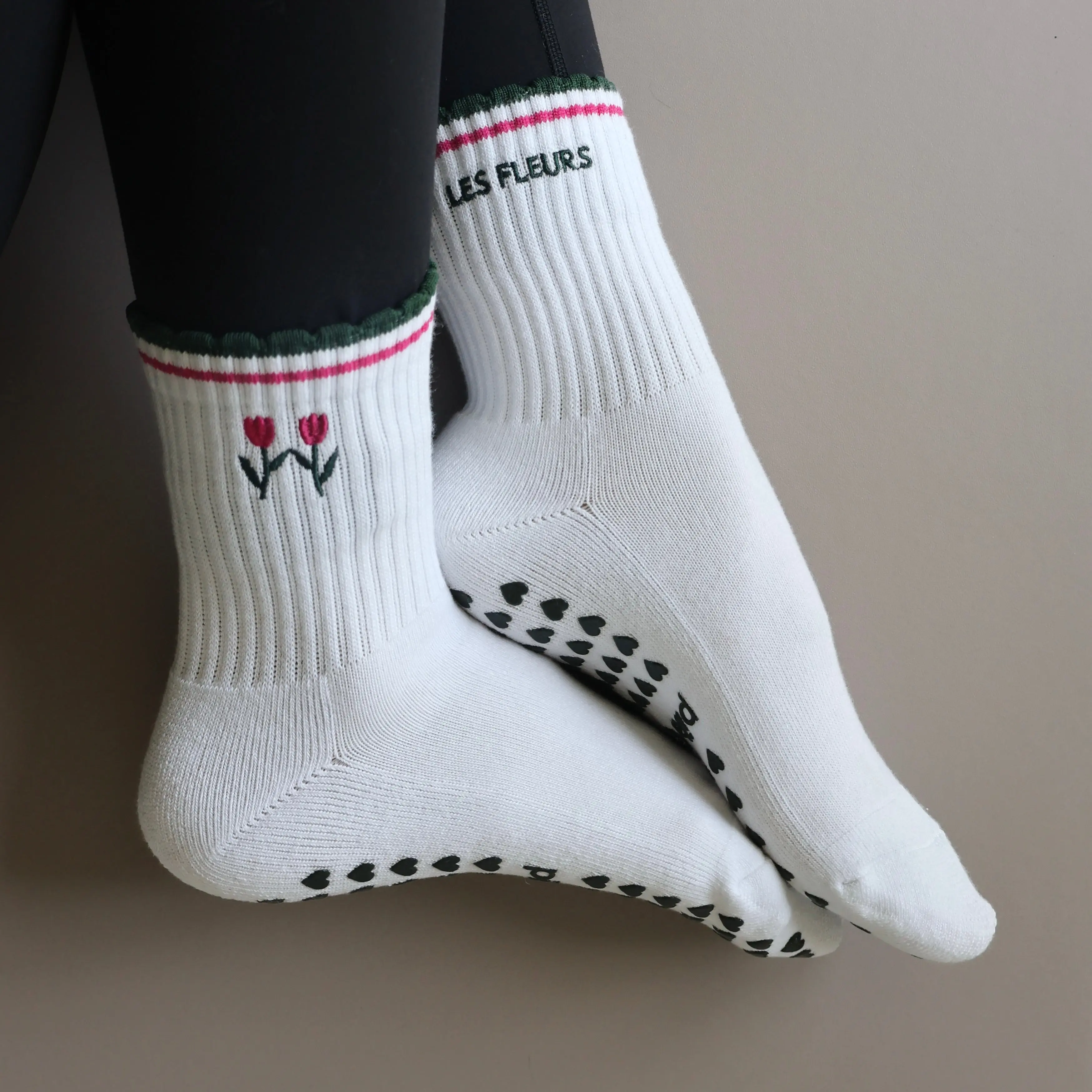 Les Fleurs Grip Socks - Cute Floral grip socks - cute embroidered pilates socks