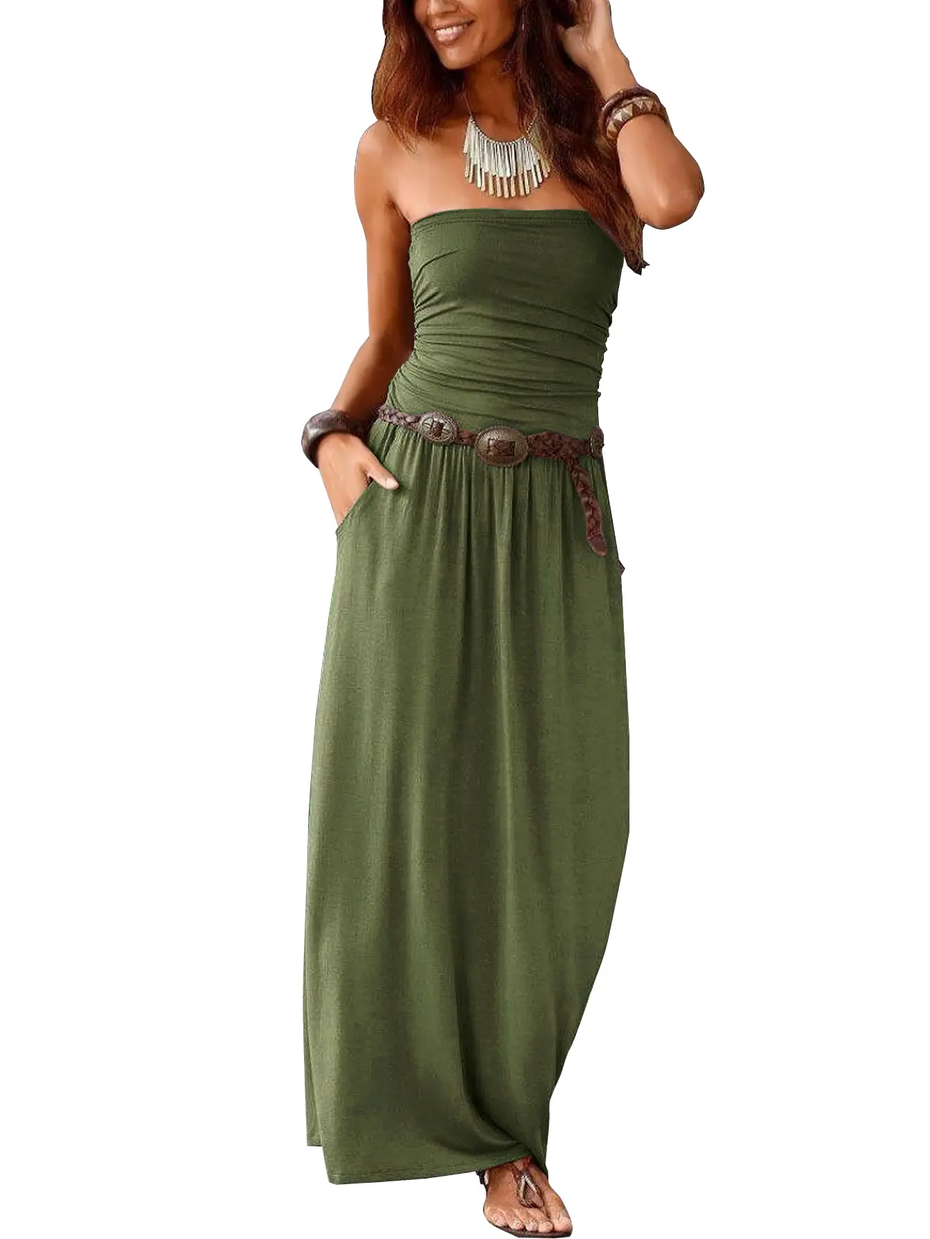 green tube top maxi dress Tube Top Sleeveless Off-Shoulder Formal Gowns Pleated Floor-Length A-Line Prom Dress with High Slit Custom Color / US14
