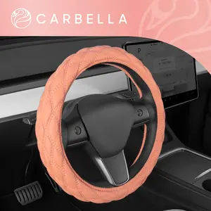 Carbella Coral Pink Stitched Leather Steering Wheel Cover for Women, Standard 15 Inch Size Fits Most Vehicles, Cute Faux Car Steering Cover with Diamond Double-Stitch Detail, Car Accessories for Women