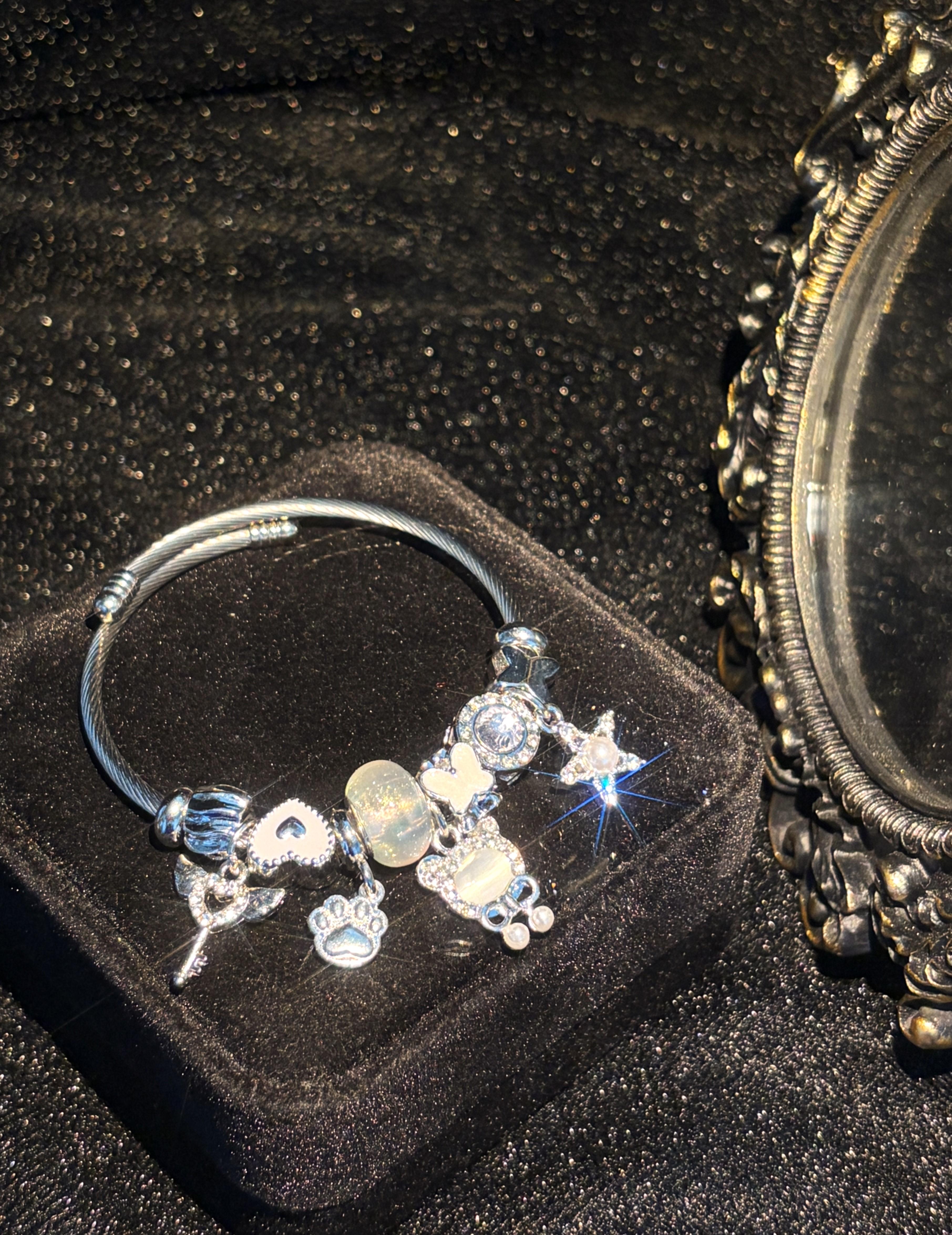 Women's Silver-Tone Open Cuff Bangle Bracelet with Cat Paw, Heart, Star, Butterfly Dangle Charms - Costume Jewelry Gift