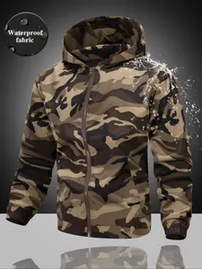 Men's Waterproof Hooded Jacket, Casual Fashion Camo Camouflage Windbreaker, Long Sleeve Fitted Outerwear, Fall & Winter Commuter Outdoor Coat, Camo Print Jacket