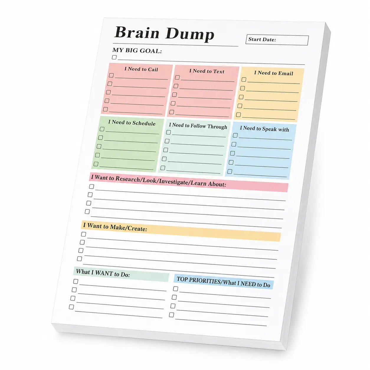 ADHD Brain Dump Planner Notepad, 50 Tear-Off Sheets, A5 Daily Task Organizer with Color-Coded Sections, To Do List Pad for Work, School, Home, Priorities, Goals, Notes & Busy Minds, 5.8 x 8.3 in