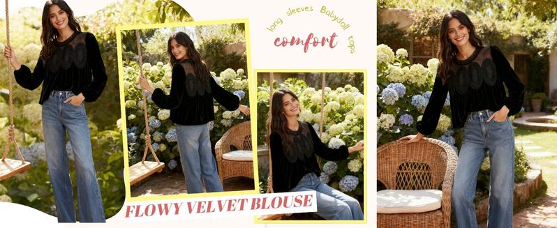 Yeokou Women's Long Sleeve Velvet Trim Lace Blouse Elegant Flared Swing Top Round Neck Casual Wear for Parties Weddings Dinners Office Dates