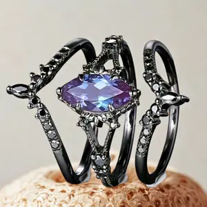 Elegant Women’s Purple Stone Wedding Ring Set –  Electroplated Bridal Bands for Engagement, Daily Wear & Anniversary