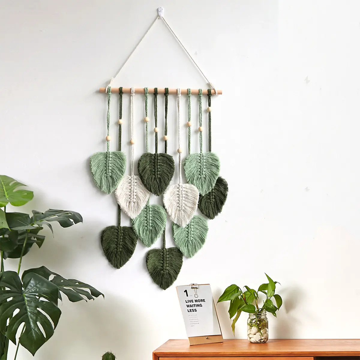 Bohemian Leaf Tassel Wall Hanging Tapestry, Pearl-Linen-Cotton Woven, Boho Decoration for Bedroom, 1-Piece Hangable Ornament, 15.74*31.5in Women's Gift