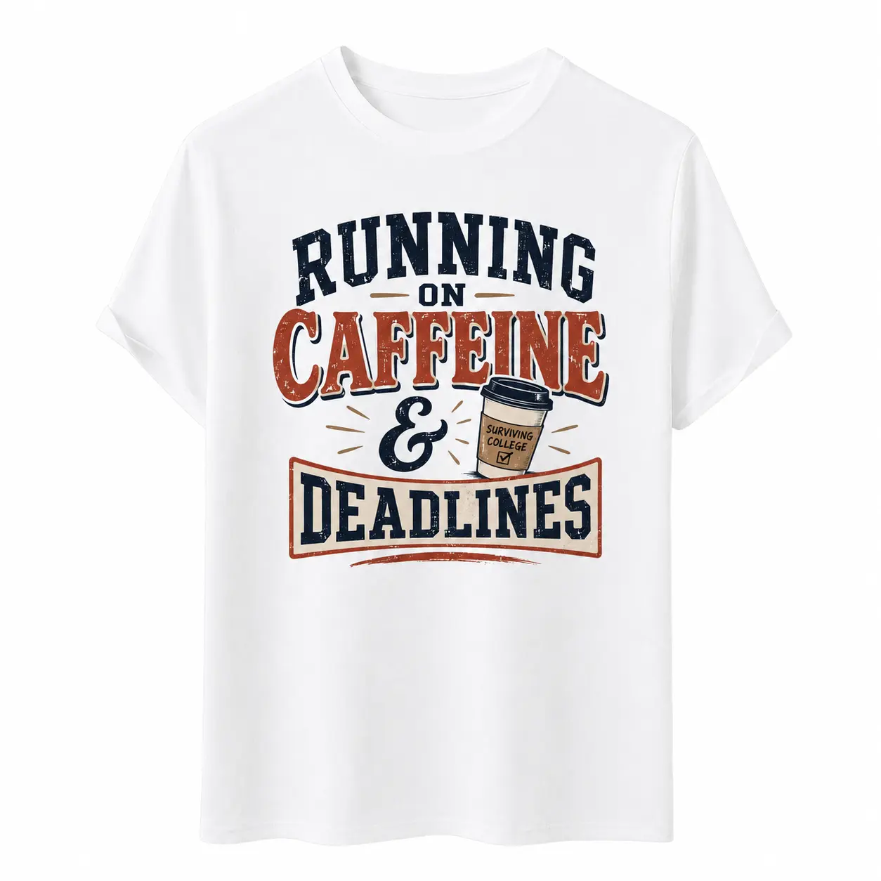 Running on Caffeine & Deadlines College Student T-Shirt, Funny Coffee Lover Graphic Tee, Retro Campus Study Shirt, Exam Week Outfit, University Student Gift